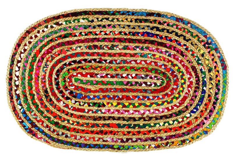 COTTON CRAFT Jute Chindi Braid Rag Rug - Boho Farmhouse Rustic Area Accent Throw Rug - Handwoven Reversible Natural Recycled Cotton- Living Room Den Study Home DÃ©cor Gift - 2' x 3' Oval - Multi Color - Image 1